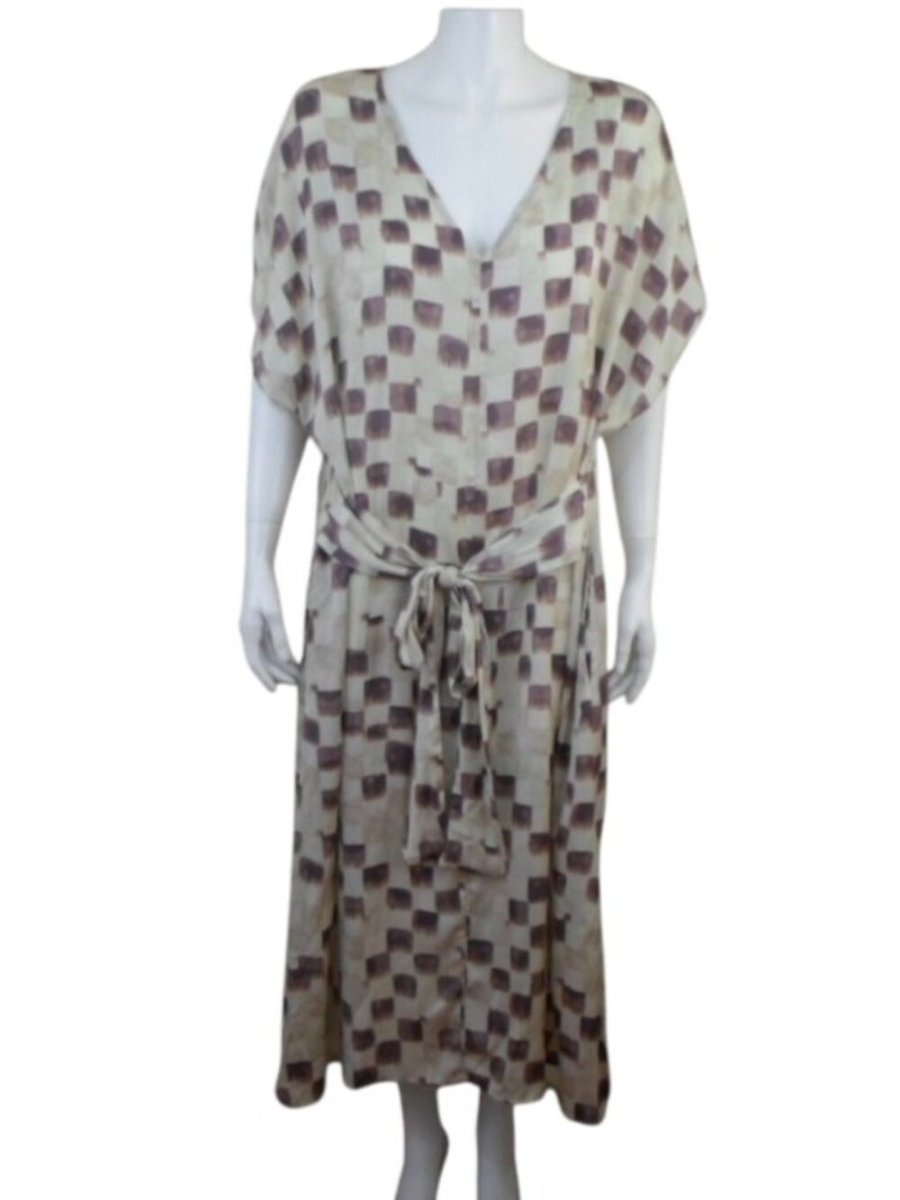 Grade & Gather Wisteria Dress Womens L Satin Checkered Print Belted Midi Dress